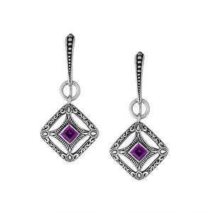 Wholesale Sterling Silver Amethyst Quartz Square Filigree Dangle Earrings With Bali Detailed Frame