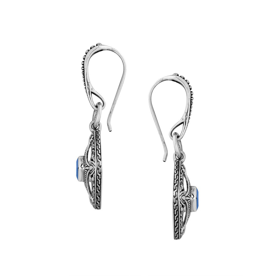 Wholesale Sterling Silver Blue Topaz Quartz Square Filigree Dangle Earrings With Bali Ornate Frame