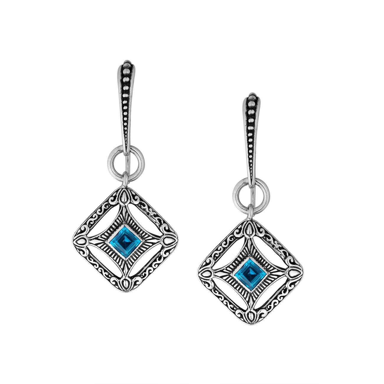 Wholesale Sterling Silver Blue Topaz Quartz Square Filigree Dangle Earrings With Bali Ornate Frame