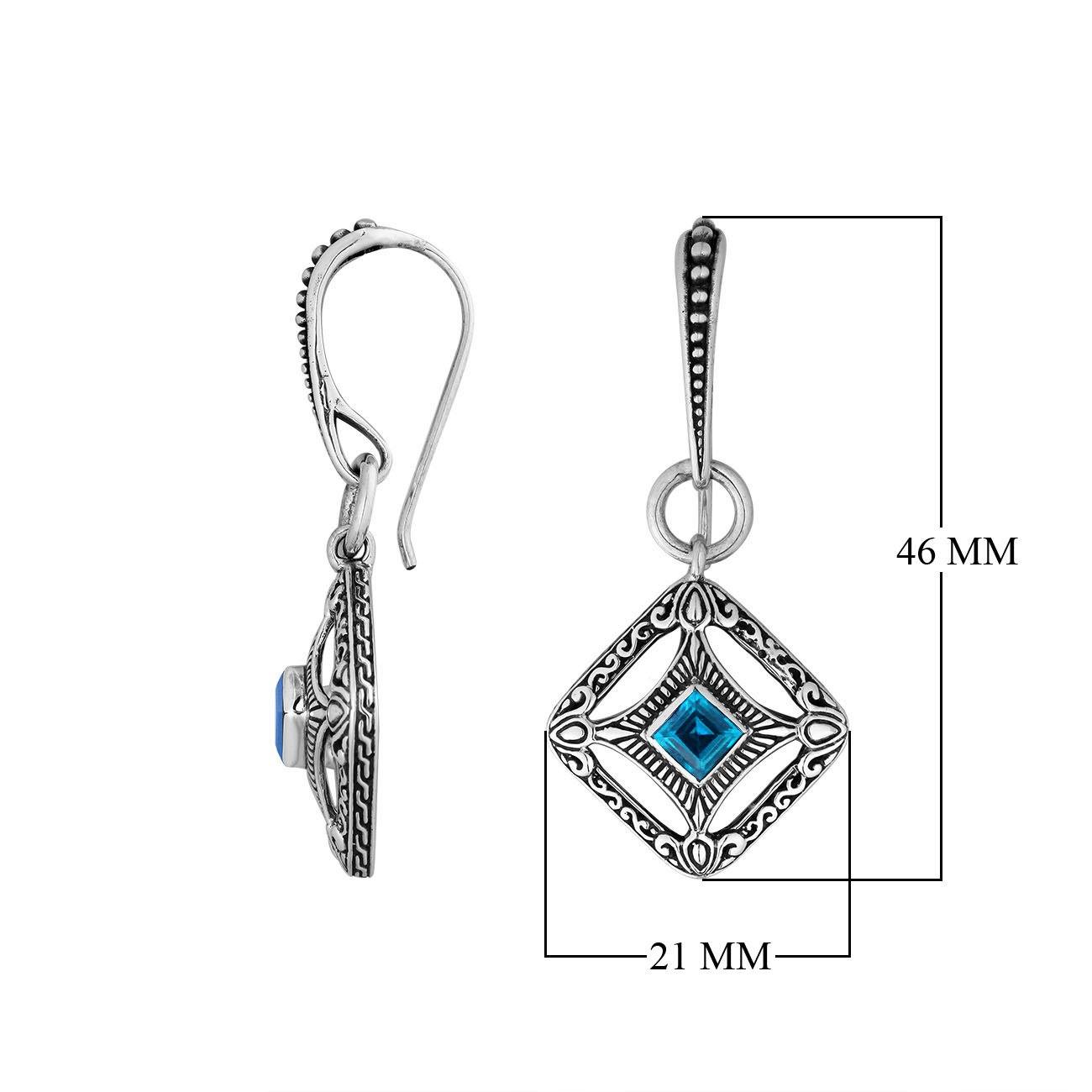Wholesale Sterling Silver Blue Topaz Quartz Square Filigree Dangle Earrings With Bali Ornate Frame