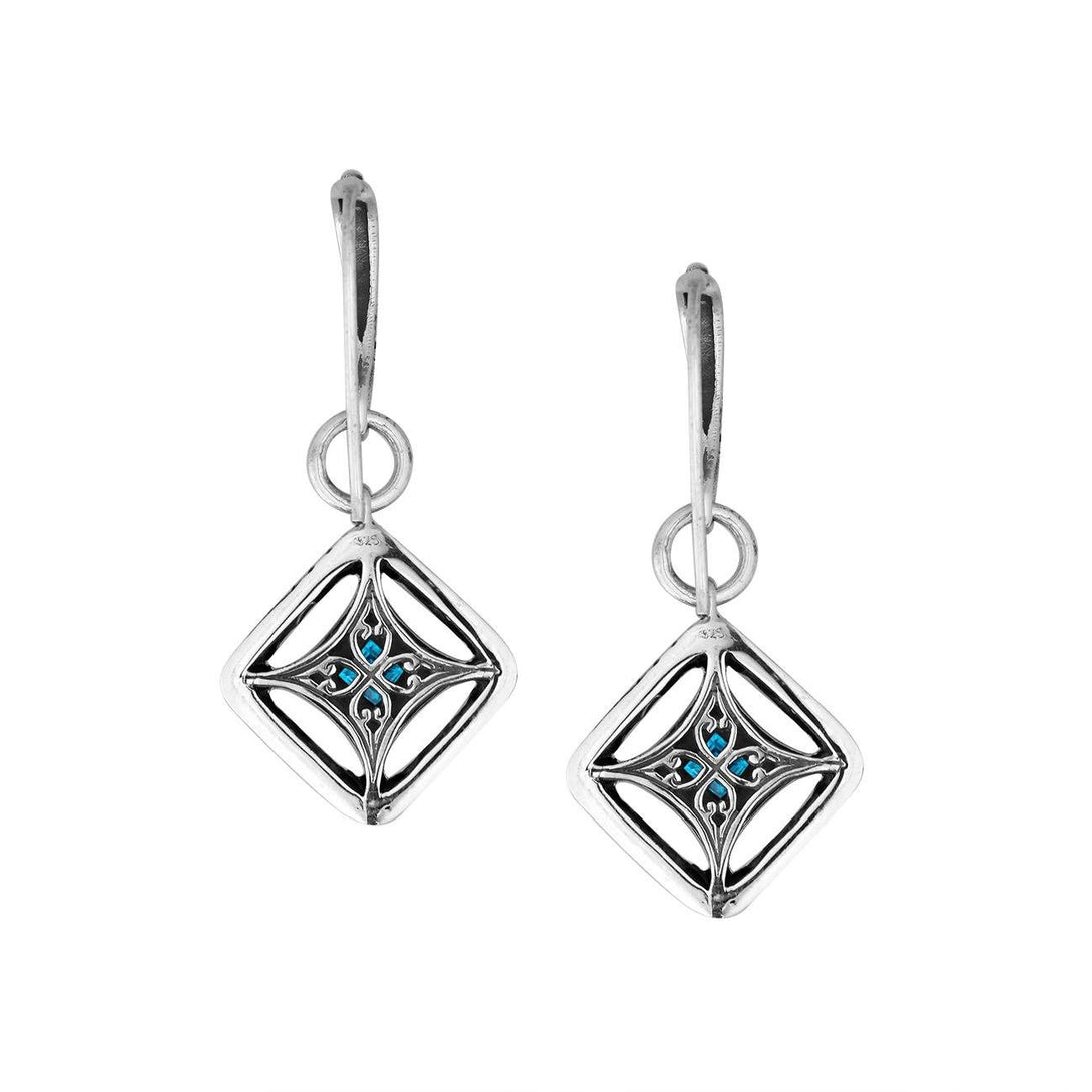 Wholesale Sterling Silver Blue Topaz Quartz Square Filigree Dangle Earrings With Bali Ornate Frame