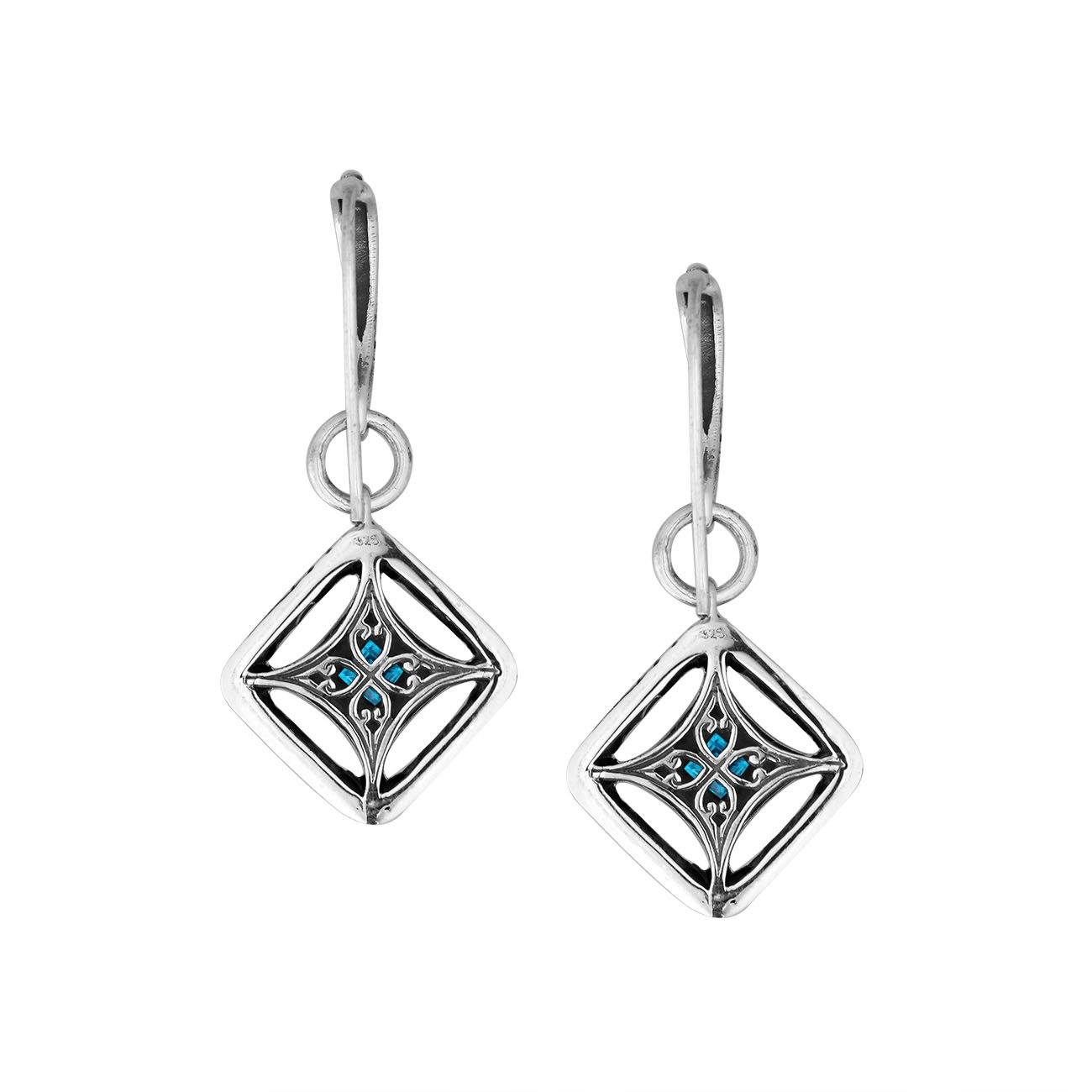 Wholesale Sterling Silver Blue Topaz Quartz Square Filigree Dangle Earrings With Bali Ornate Frame