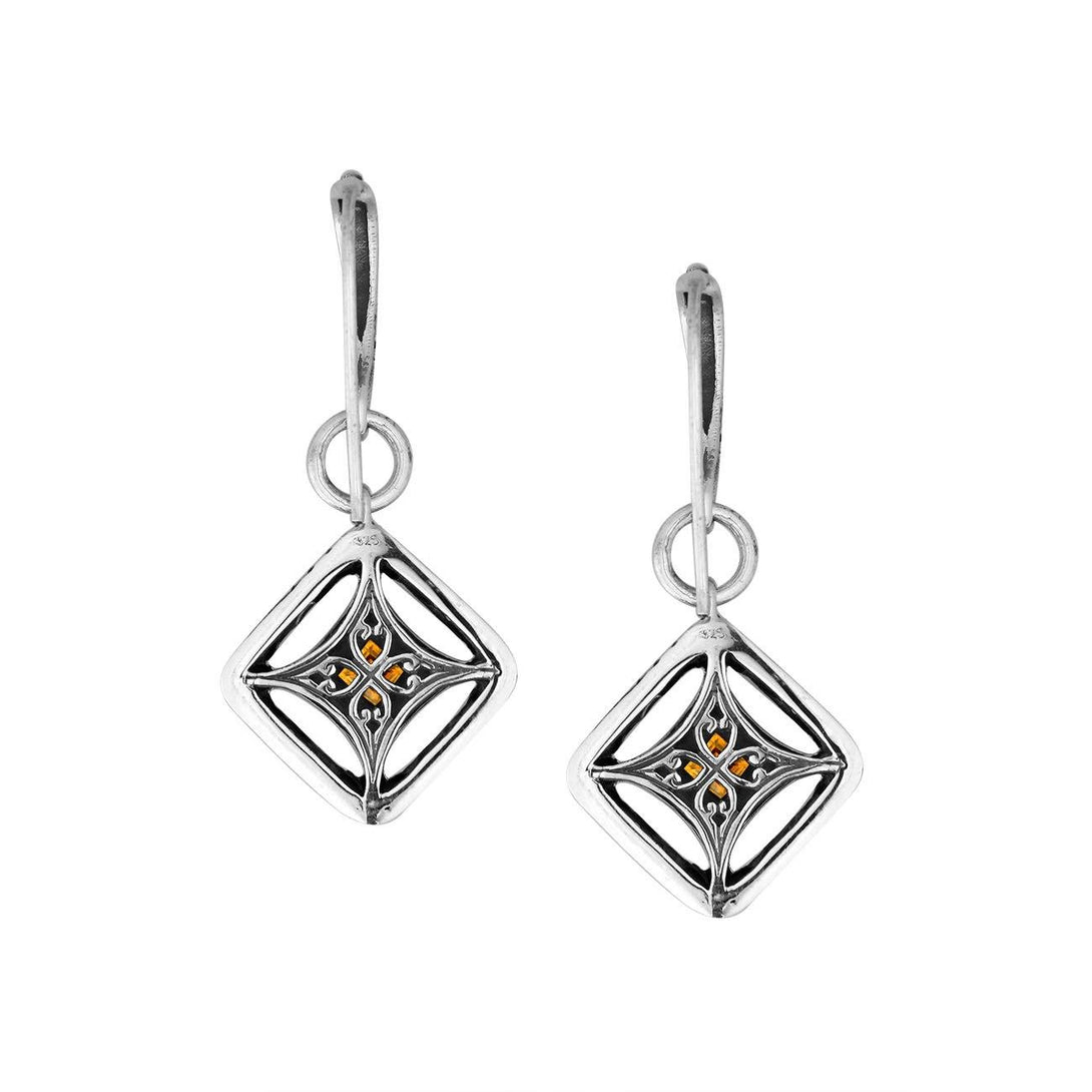 Wholesale Sterling Silver Citrine Quartz Square Filigree Dangle Earrings With Bali Ornate Frame