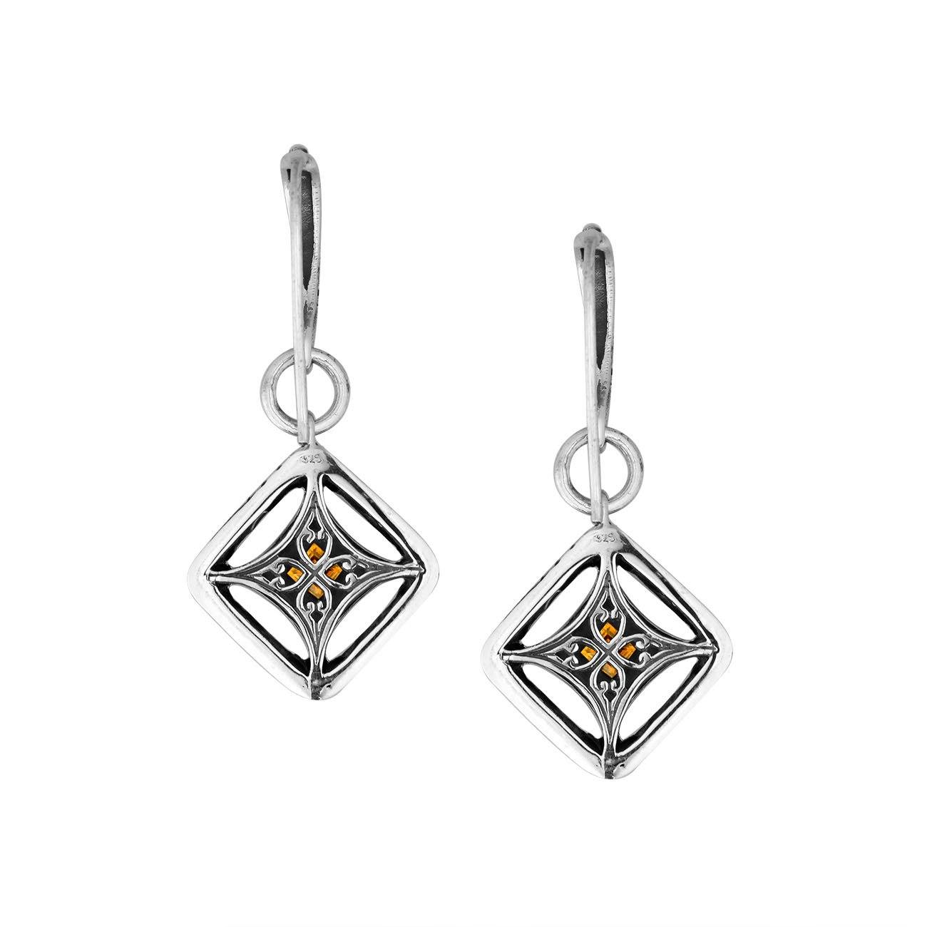 Wholesale Sterling Silver Citrine Quartz Square Filigree Dangle Earrings With Bali Ornate Frame