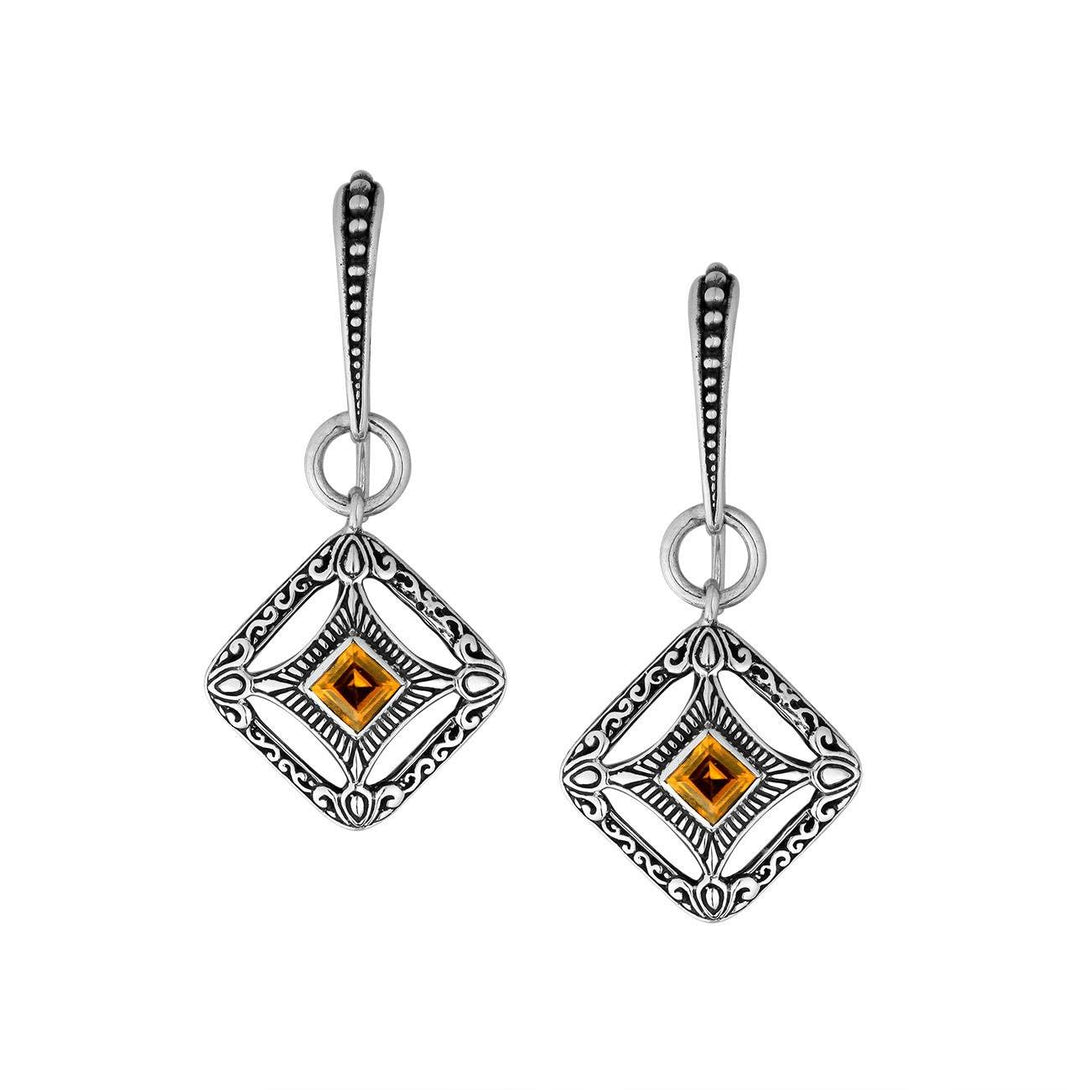 Wholesale Sterling Silver Citrine Quartz Square Filigree Dangle Earrings With Bali Ornate Frame