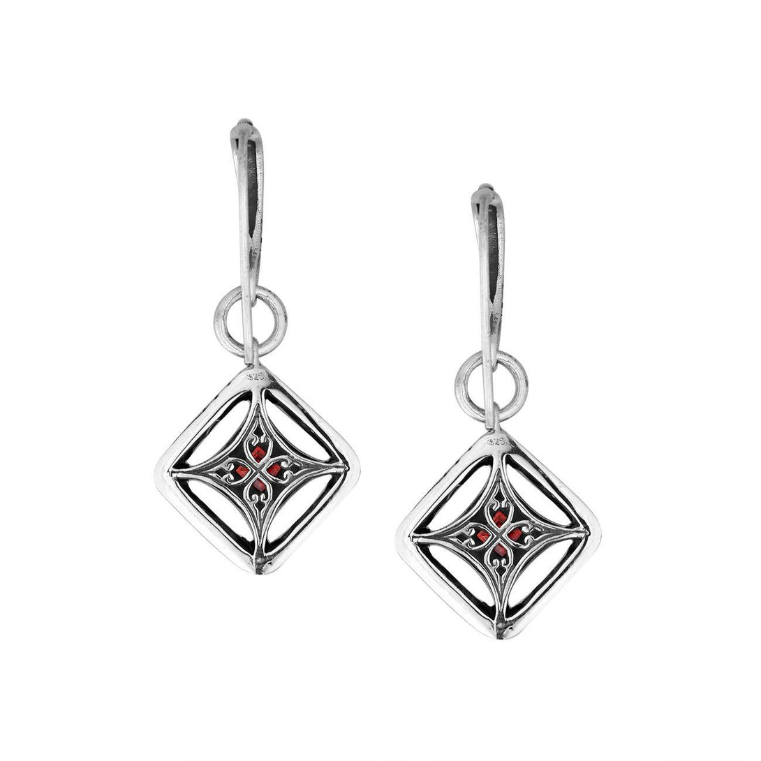 Wholesale Sterling Silver Garnet Quartz Square Filigree Dangle Earrings With Bali Ornate Frame