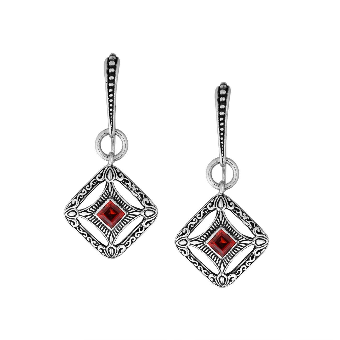 Wholesale Sterling Silver Garnet Quartz Square Filigree Dangle Earrings With Bali Ornate Frame