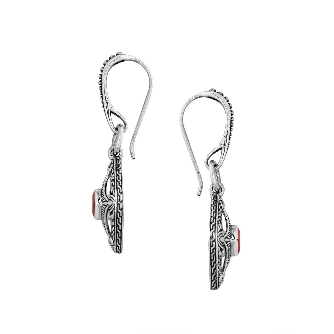 Wholesale Sterling Silver Garnet Quartz Square Filigree Dangle Earrings With Bali Ornate Frame
