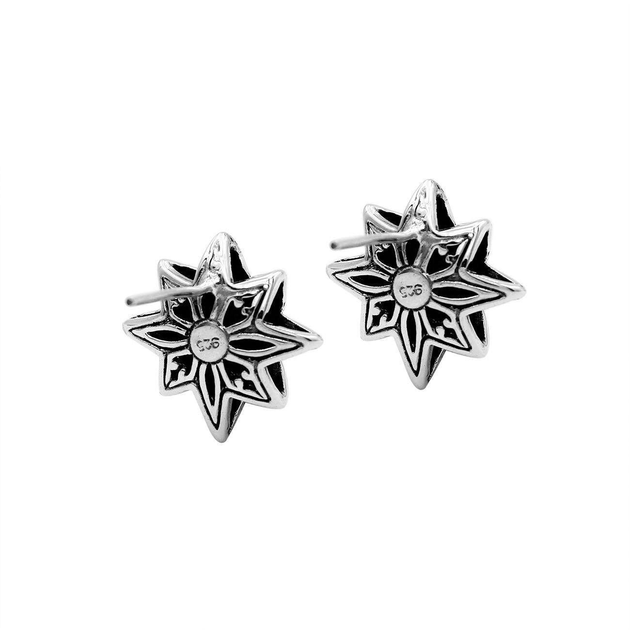 Wholesale Sterling Silver Star-Shaped Bali Carved Stud Earrings With Oxidized Finish