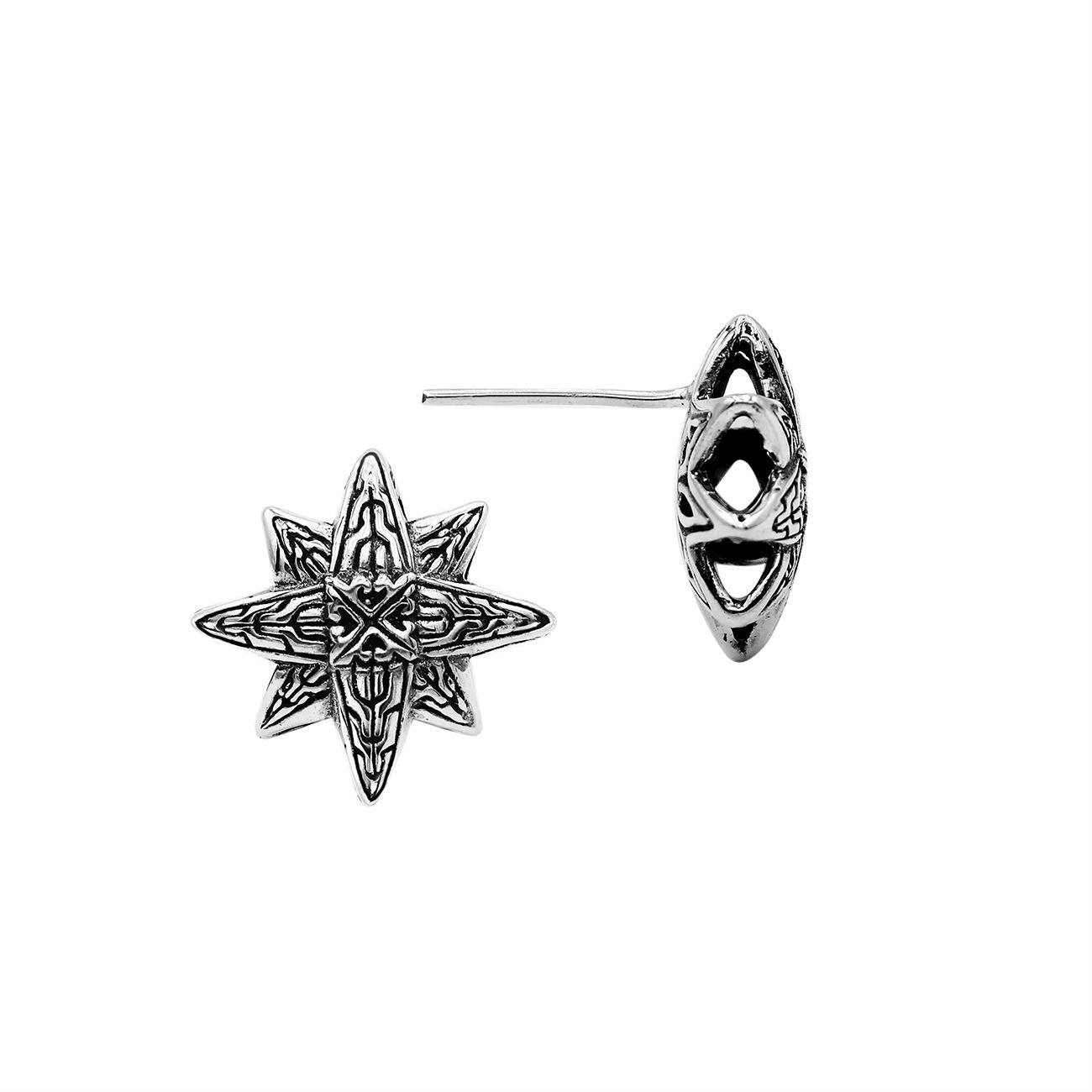 Wholesale Sterling Silver Star-Shaped Bali Carved Stud Earrings With Oxidized Finish