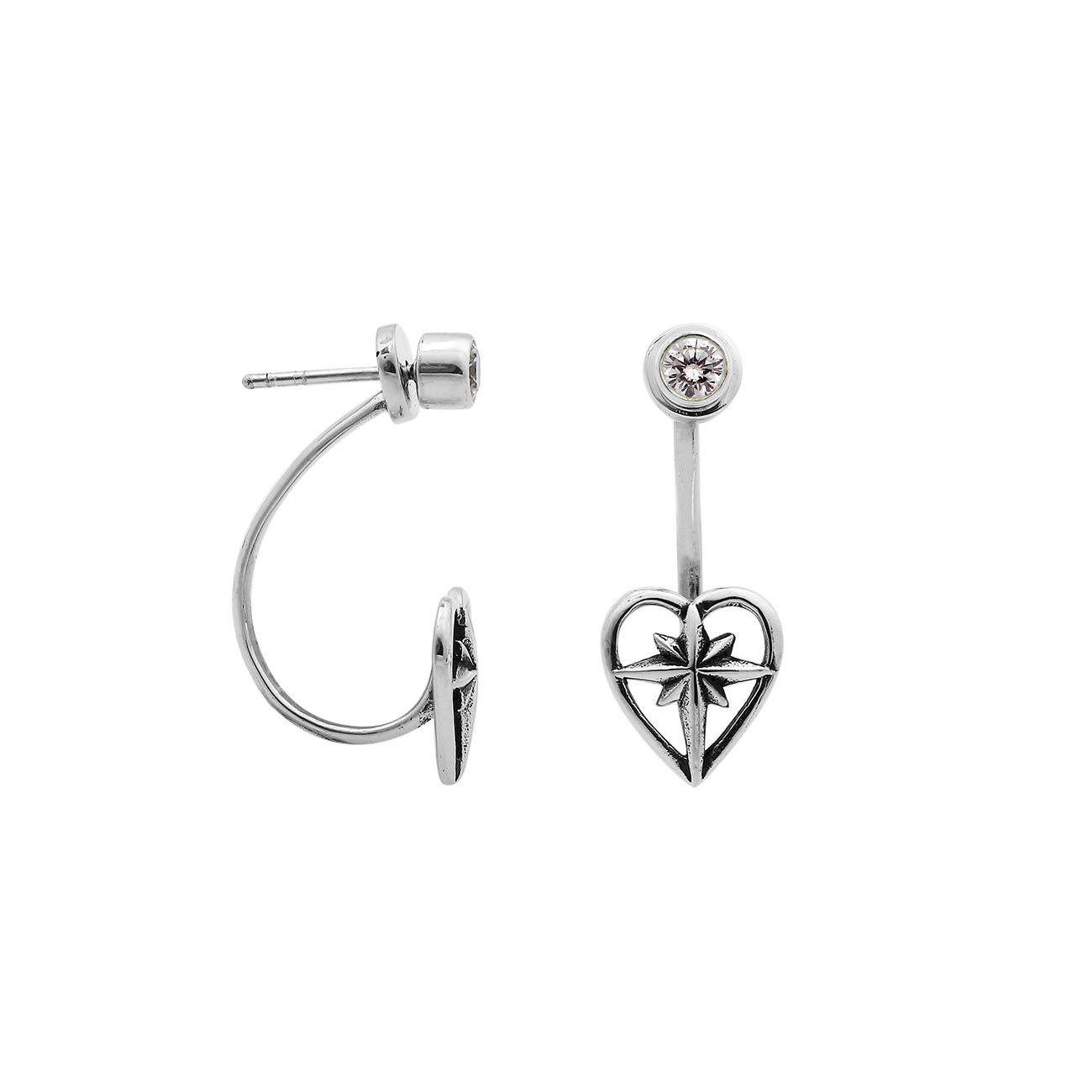 Wholesale Sterling Silver Heart Starburst Jacket Earrings With Minimal Polished Stud Front