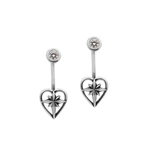 Wholesale Sterling Silver Heart Starburst Jacket Earrings With Minimal Polished Stud Front