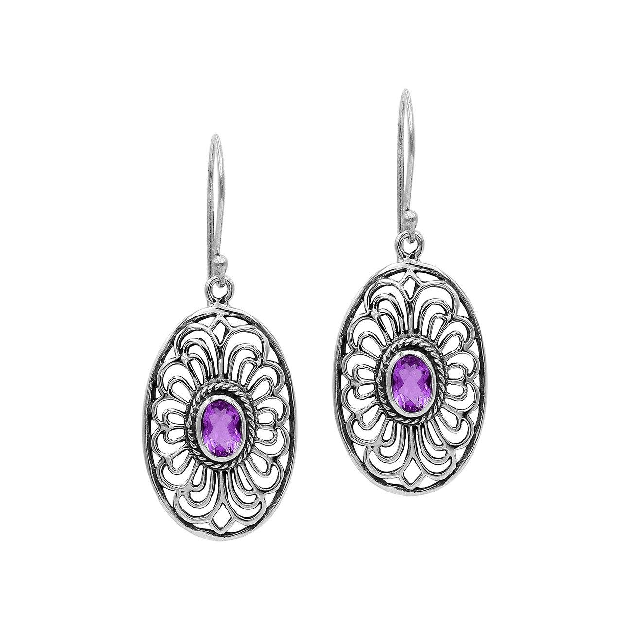 Wholesale Sterling Silver Filigree Oval Amethyst Quartz Drop Earrings With Oxidized Finish And Balinese Craftsmanship
