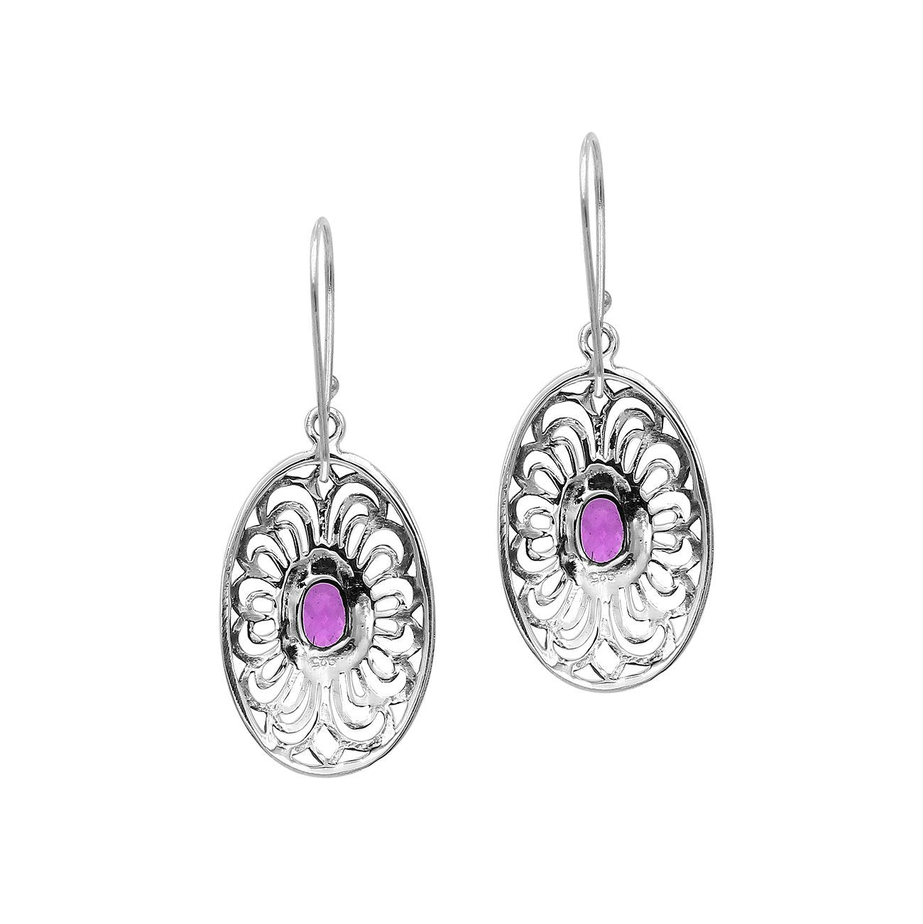 Wholesale Sterling Silver Filigree Oval Amethyst Quartz Drop Earrings With Oxidized Finish And Balinese Craftsmanship