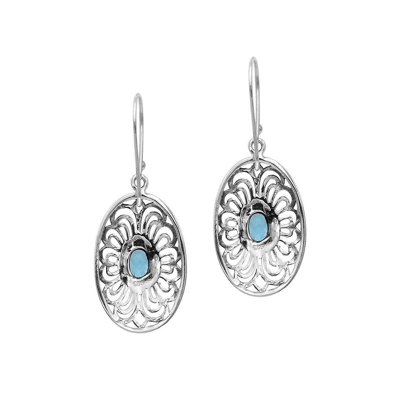 Wholesale Sterling Silver Filigree Oval Blue Topaz Quartz Drop Earrings With Oxidized Finish And Balinese Craftsmanship