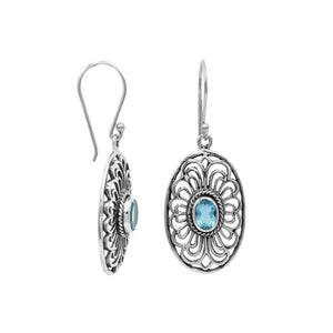 Wholesale Sterling Silver Filigree Oval Blue Topaz Quartz Drop Earrings With Oxidized Finish And Balinese Craftsmanship