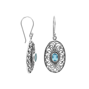 Wholesale Sterling Silver Filigree Oval Blue Topaz Quartz Drop Earrings With Oxidized Finish And Balinese Craftsmanship