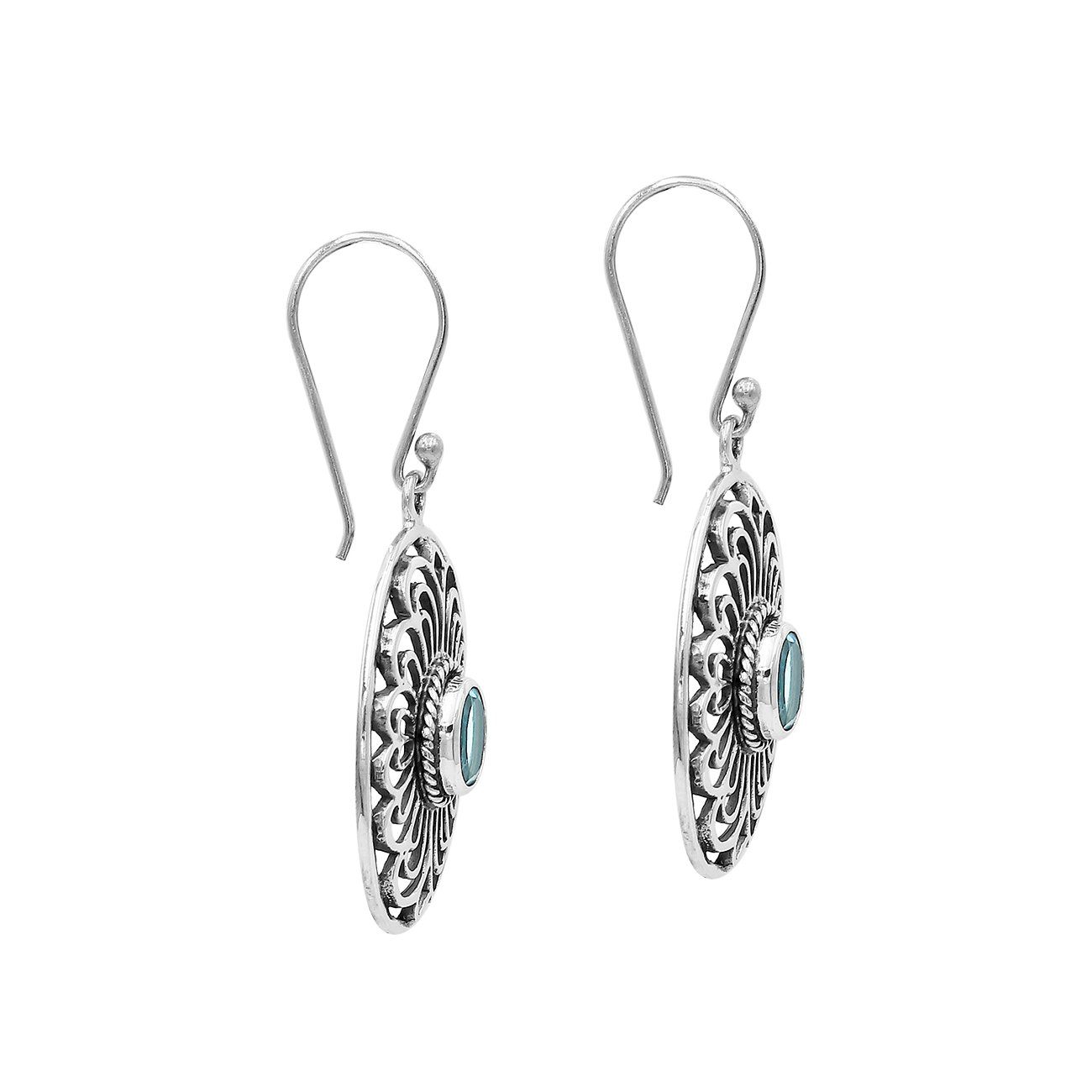 Wholesale Sterling Silver Filigree Oval Blue Topaz Quartz Drop Earrings With Oxidized Finish And Balinese Craftsmanship