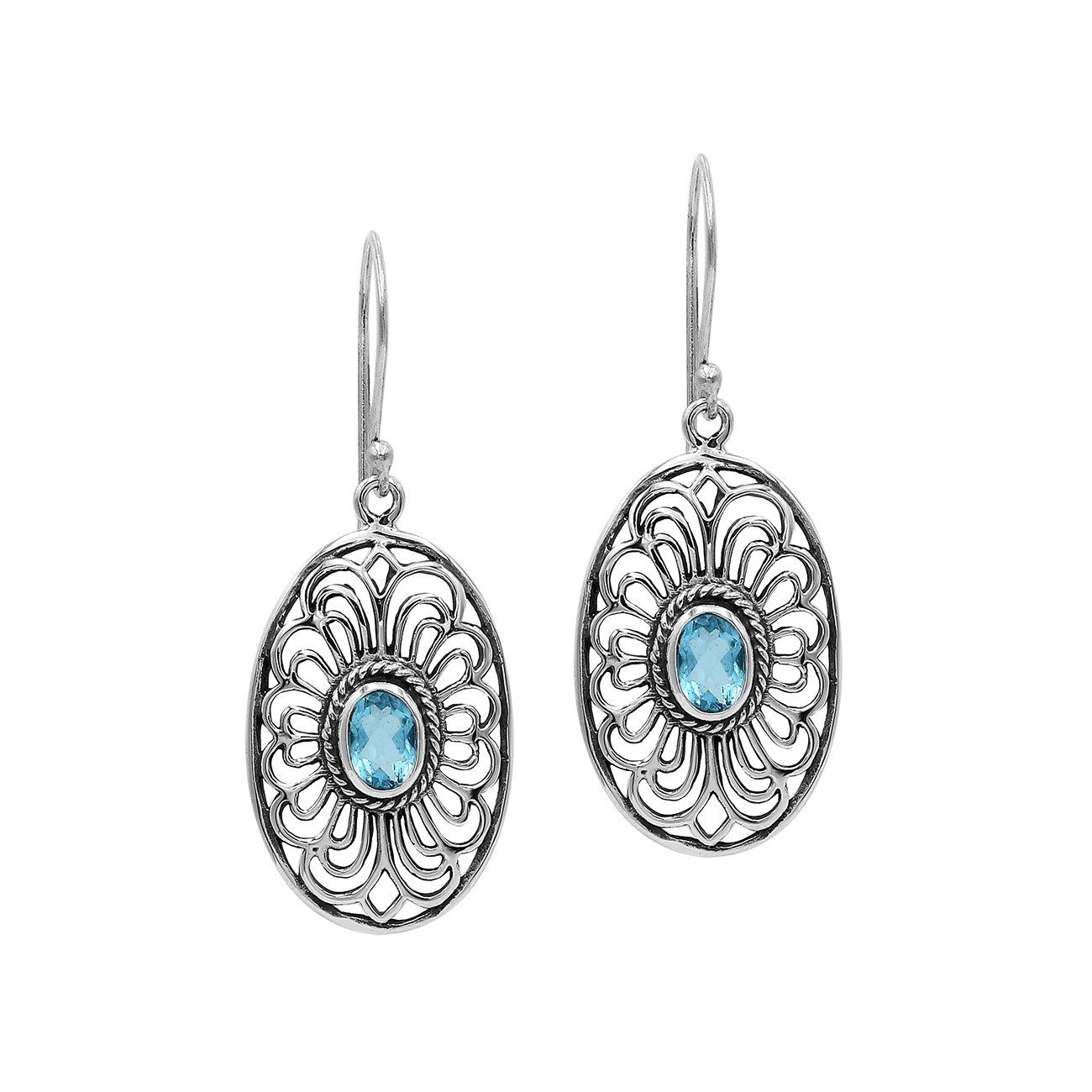 Wholesale Sterling Silver Filigree Oval Blue Topaz Quartz Drop Earrings With Oxidized Finish And Balinese Craftsmanship
