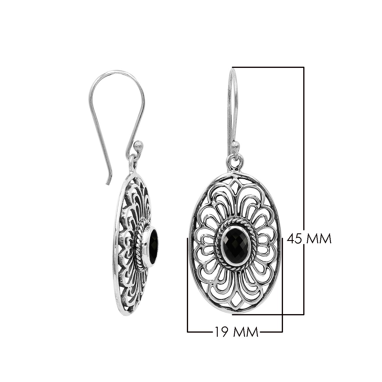 Wholesale Sterling Silver Filigree Oval Black Onyx  Drop Earrings With Oxidized Finish And Balinese Craftsmanship