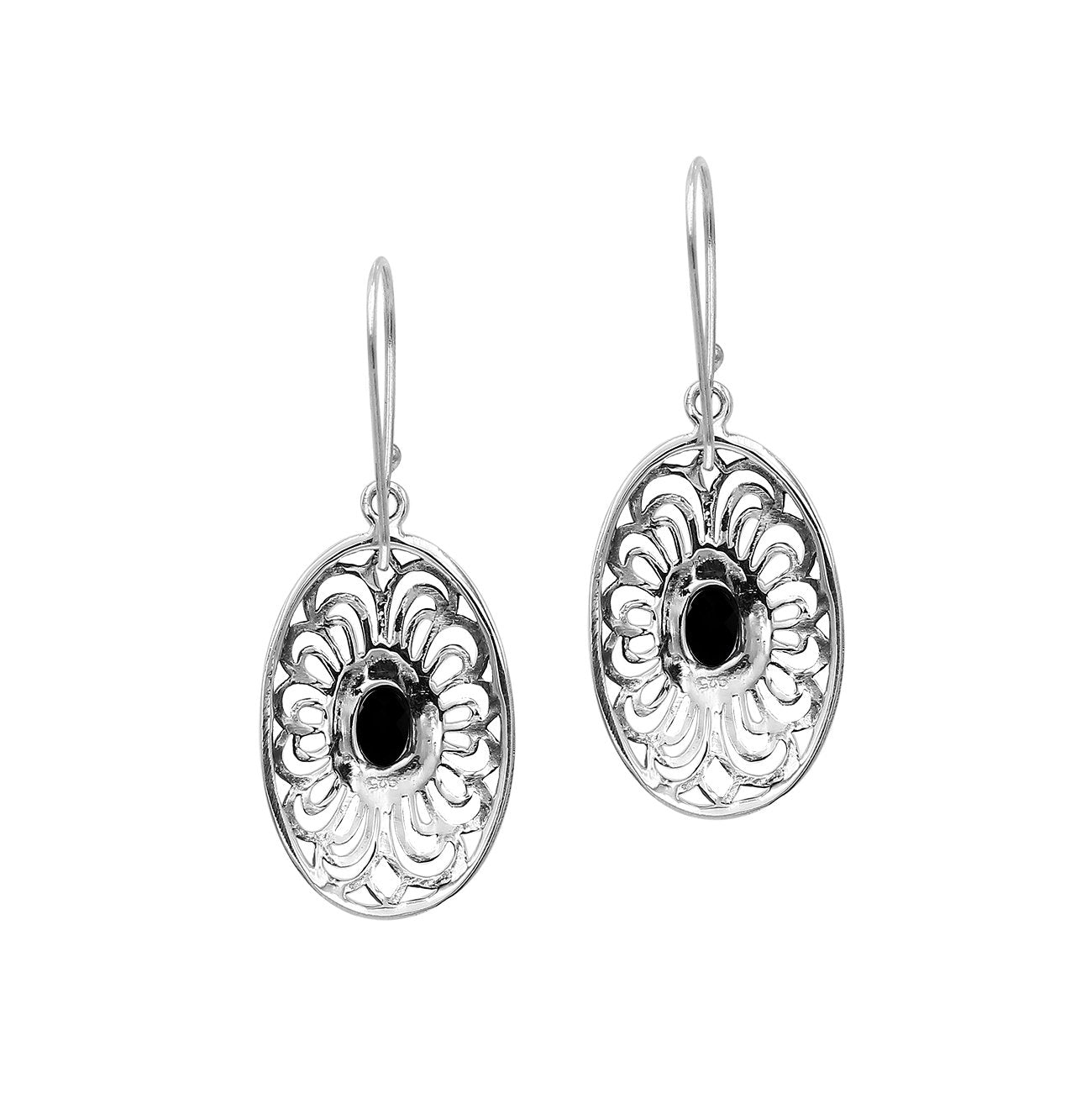 Wholesale Sterling Silver Filigree Oval Black Onyx Drop Earrings With Oxidized Finish And Balinese Craftsmanship