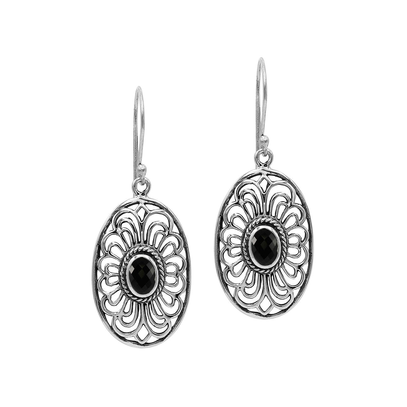 Wholesale Sterling Silver Filigree Oval Black Onyx  Drop Earrings With Oxidized Finish And Balinese Craftsmanship