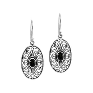 Wholesale Sterling Silver Filigree Oval Black Onyx  Drop Earrings With Oxidized Finish And Balinese Craftsmanship