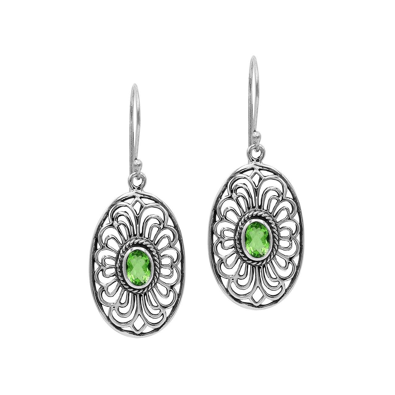 Wholesale Sterling Silver Filigree Oval Peridot Quartz Drop Earrings With Oxidized Finish And Balinese Craftsmanship