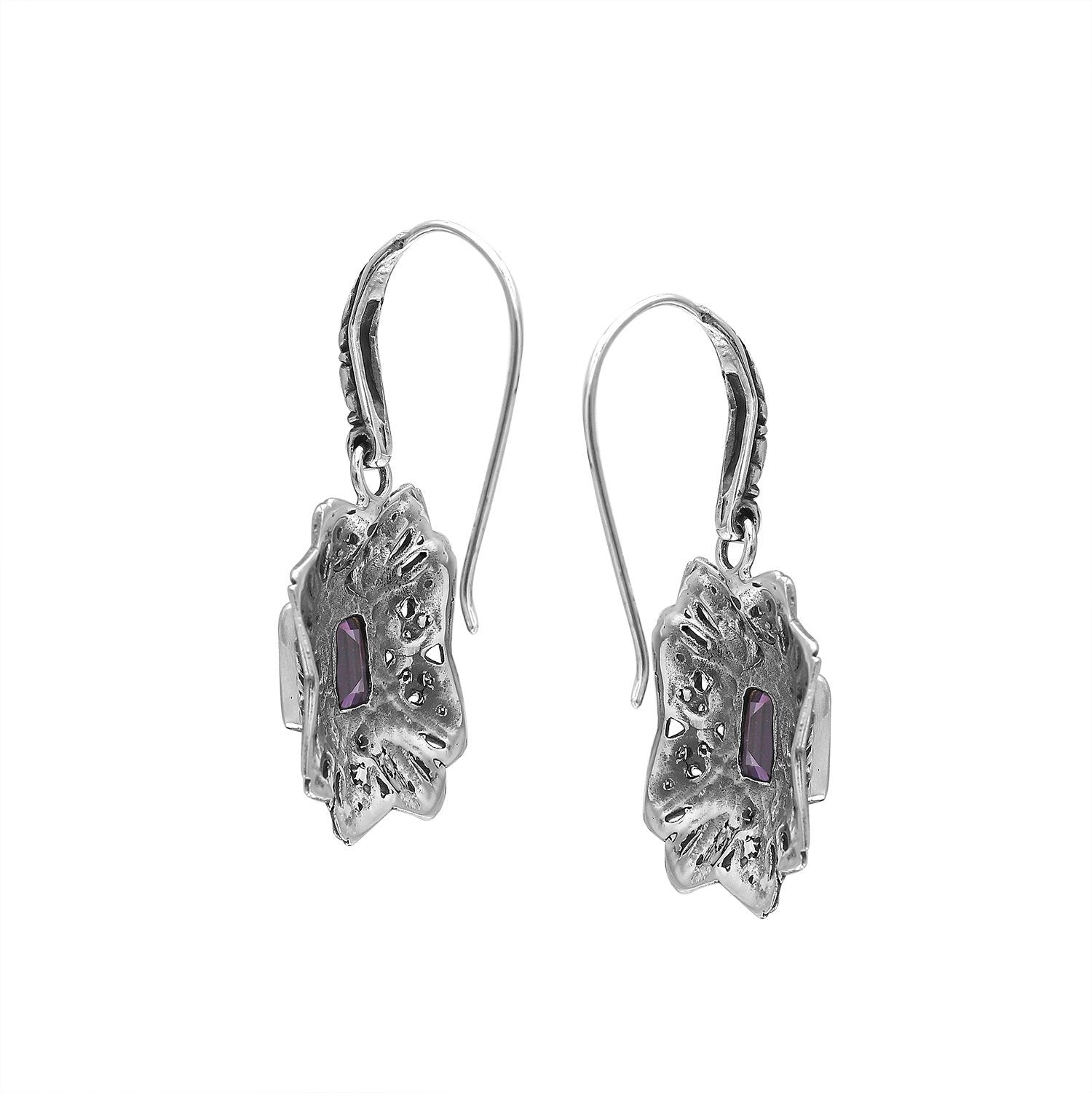 Wholesale Sterling Silver Starburst Filigree Amethyst Quartz Drop Earrings With Oxidized Finish And Balinese Craftsmanship