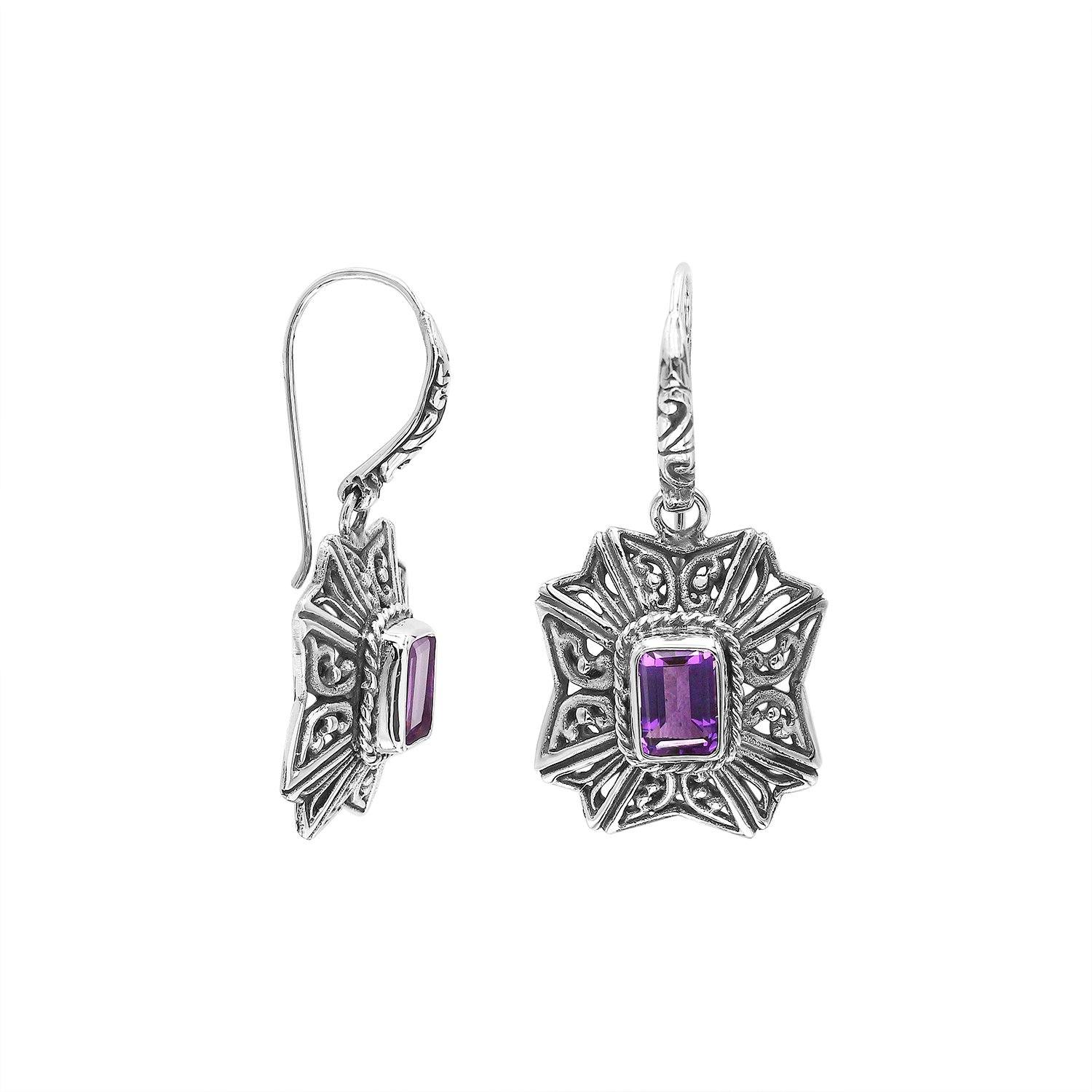 Wholesale Sterling Silver Starburst Filigree Amethyst Quartz Drop Earrings With Oxidized Finish And Balinese Craftsmanship