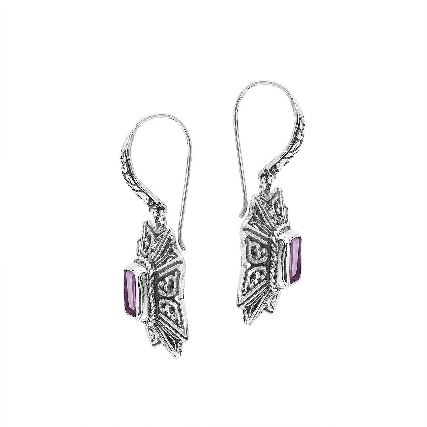 Wholesale Sterling Silver Starburst Filigree Amethyst Quartz Drop Earrings With Oxidized Finish And Balinese Craftsmanship
