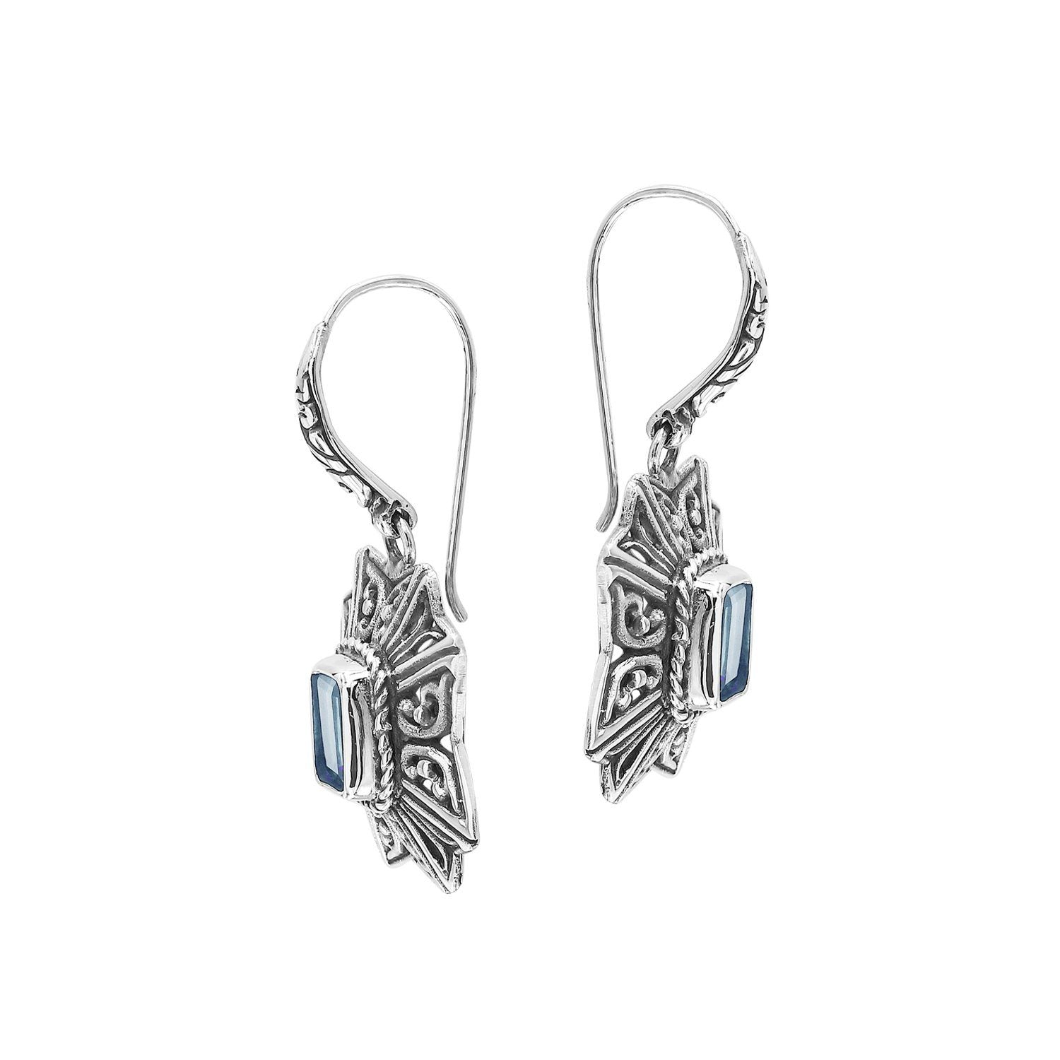 Wholesale Sterling Silver Starburst Filigree Blue Topaz Quartz Drop Earrings With Oxidized Finish And Balinese Craftsmanship