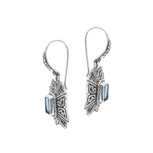 Wholesale Sterling Silver Starburst Filigree Blue Topaz Quartz Drop Earrings With Oxidized Finish And Balinese Craftsmanship