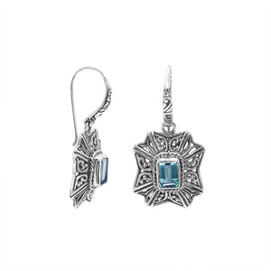 Wholesale Sterling Silver Starburst Filigree Blue Topaz Quartz Drop Earrings With Oxidized Finish And Balinese Craftsmanship
