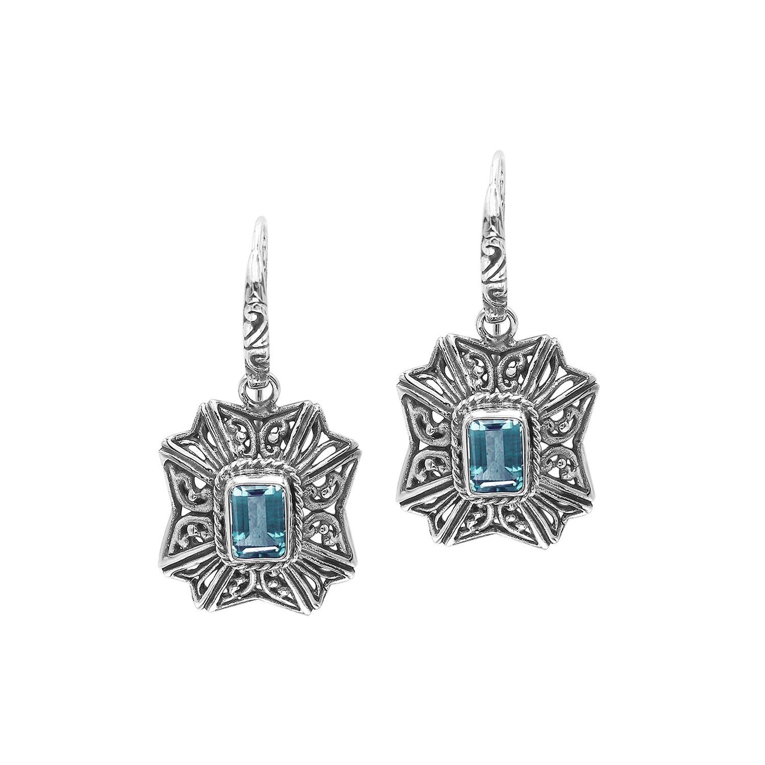 Wholesale Sterling Silver Starburst Filigree Blue Topaz Quartz Drop Earrings With Oxidized Finish And Balinese Craftsmanship