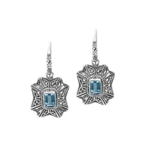 Wholesale Sterling Silver Starburst Filigree Blue Topaz Quartz Drop Earrings With Oxidized Finish And Balinese Craftsmanship