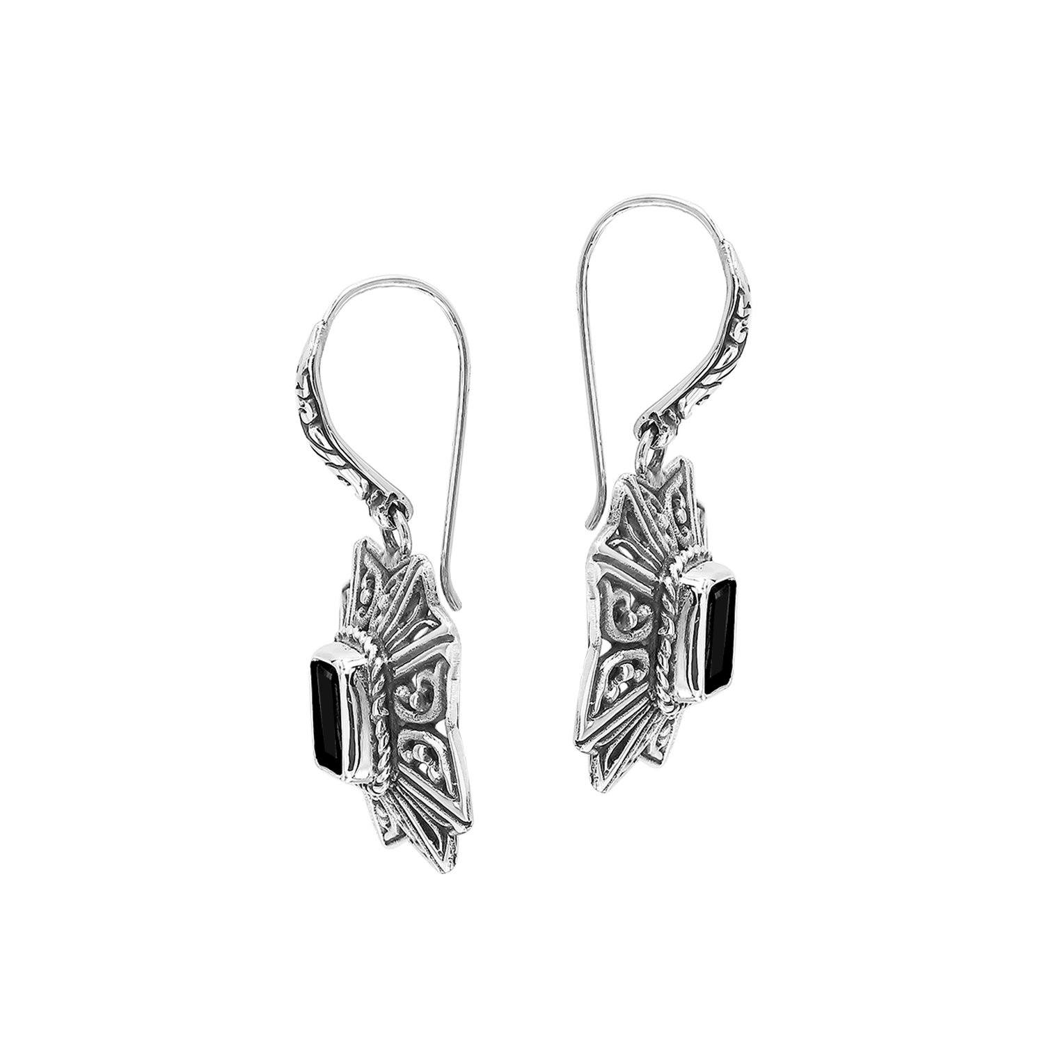 Wholesale Sterling Silver Starburst Filigree Black Onyx Drop Earrings With Oxidized Finish And Balinese Craftsmanship