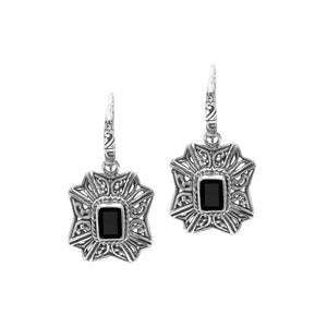 Wholesale Sterling Silver Starburst Filigree Black Onyx Drop Earrings With Oxidized Finish And Balinese Craftsmanship