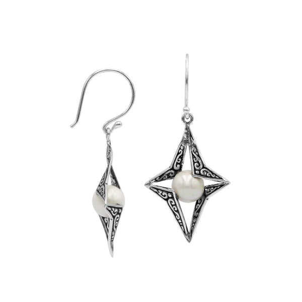 Wholesale Sterling Silver Open Star Mabe Pearl Dangle Earrings With Bali Scroll Design Handcrafted In Bali