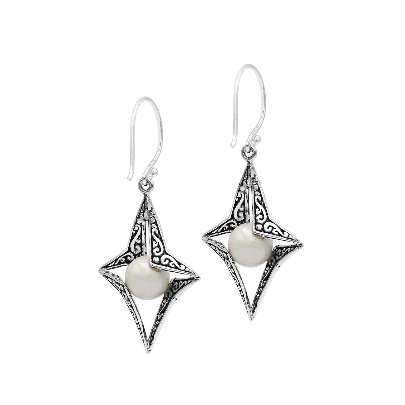 Wholesale Sterling Silver Open Star Mabe Pearl Dangle Earrings With Bali Scroll Design Handcrafted In Bali