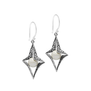 Wholesale Sterling Silver Open Star Mabe Pearl Dangle Earrings With Bali Scroll Design Handcrafted In Bali