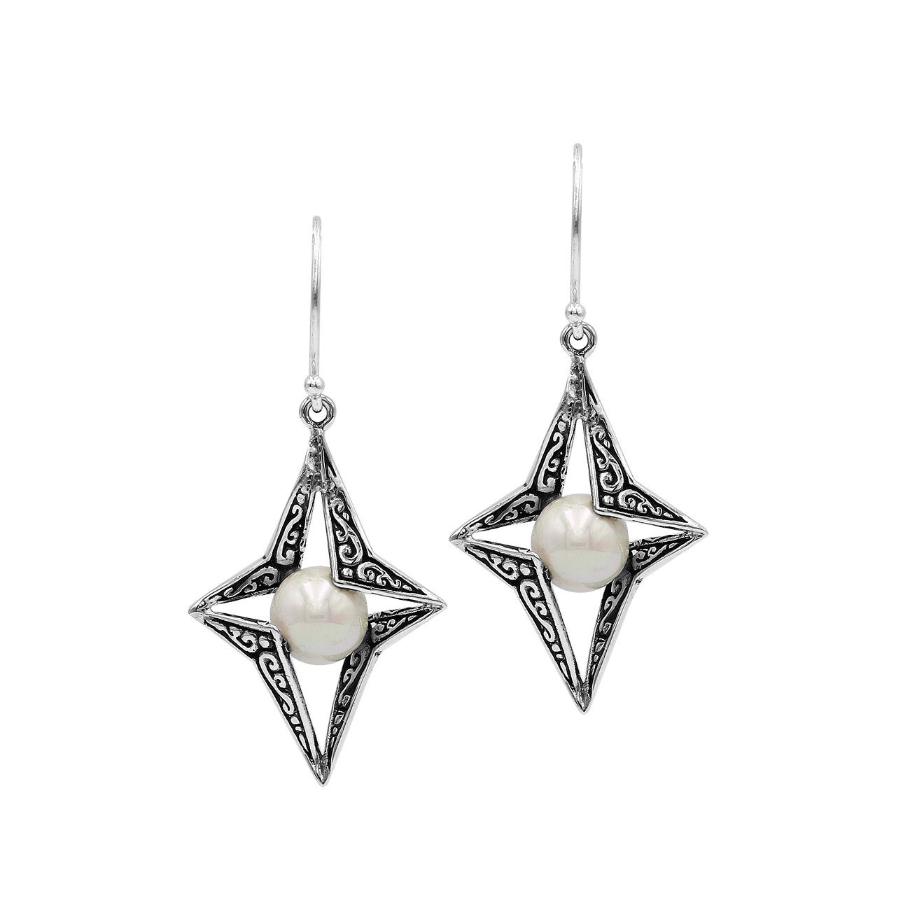Wholesale Sterling Silver Open Star Mabe Pearl Dangle Earrings With Bali Scroll Design Handcrafted In Bali