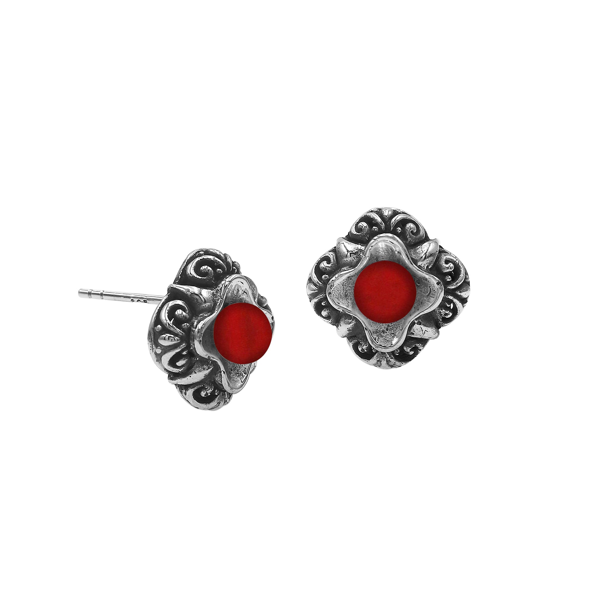 Wholesale Sterling Silver Vintage Floral Red Coral Stud Earrings With Oxidized Bali Detailing