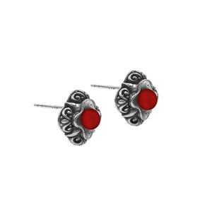 Wholesale Sterling Silver Vintage Floral Red Coral Stud Earrings With Oxidized Bali Detailing