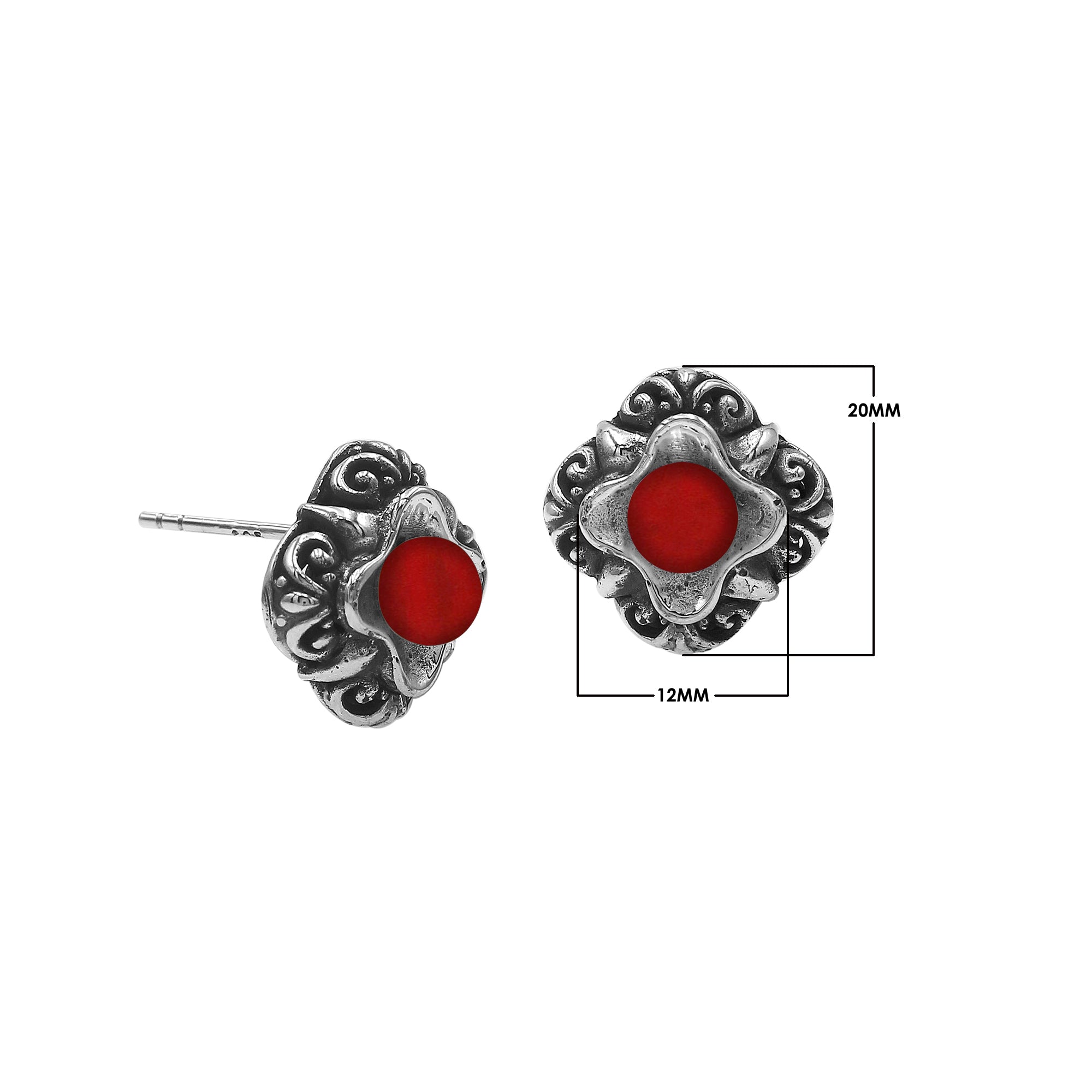 Wholesale Sterling Silver Vintage Floral Red Coral Stud Earrings With Oxidized Bali Detailing