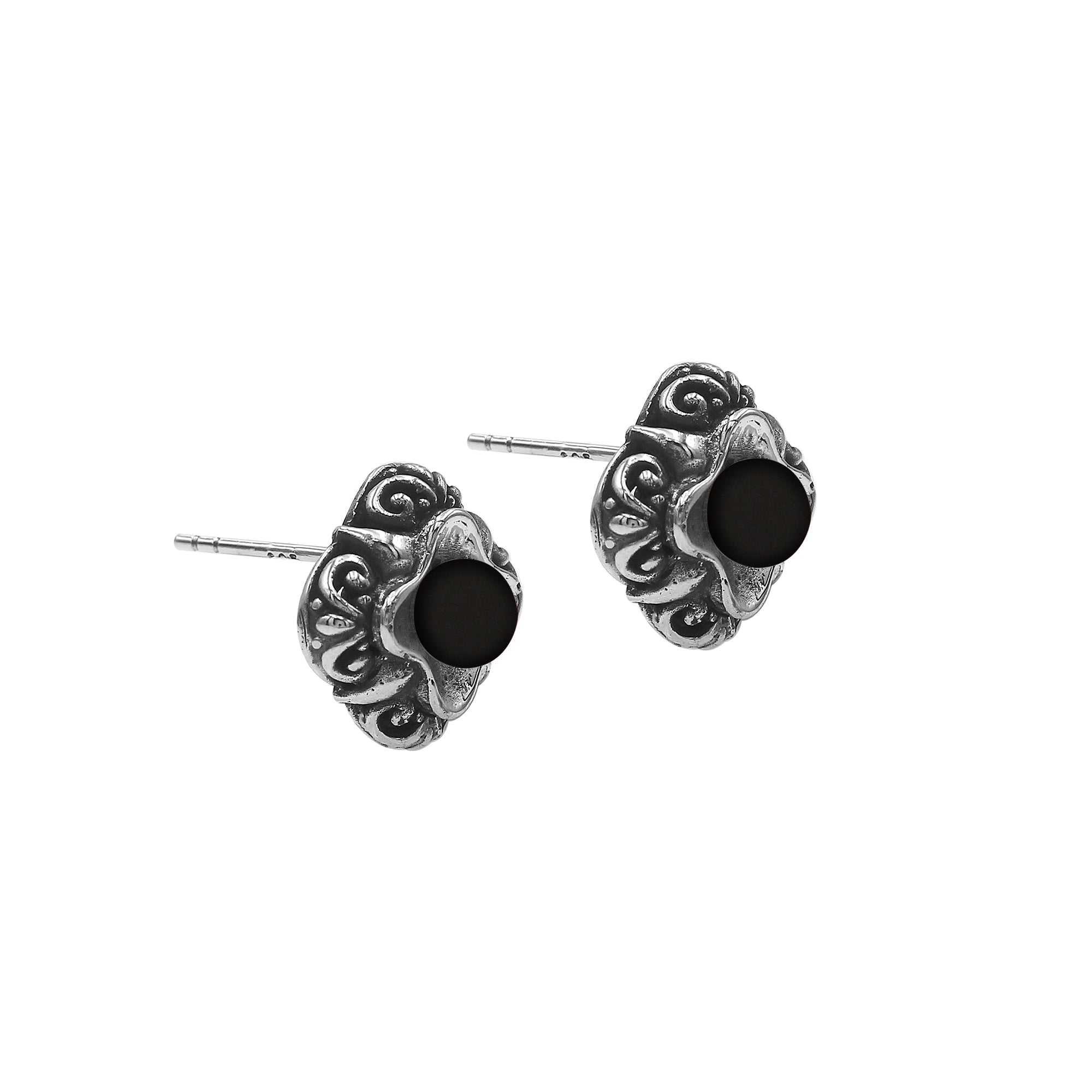 Wholesale Sterling Silver Vintage Floral Black Onyx Stud Earrings With Oxidized Bali Detailing