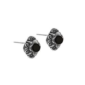 Wholesale Sterling Silver Vintage Floral Black Onyx Stud Earrings With Oxidized Bali Detailing