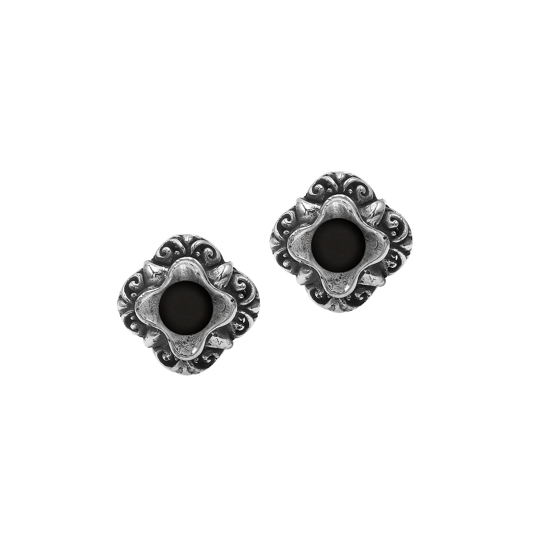 AE-6311-OX Sterling Silver Flower Design Earring With Black Onyx Jewelry Bali Designs Inc 
