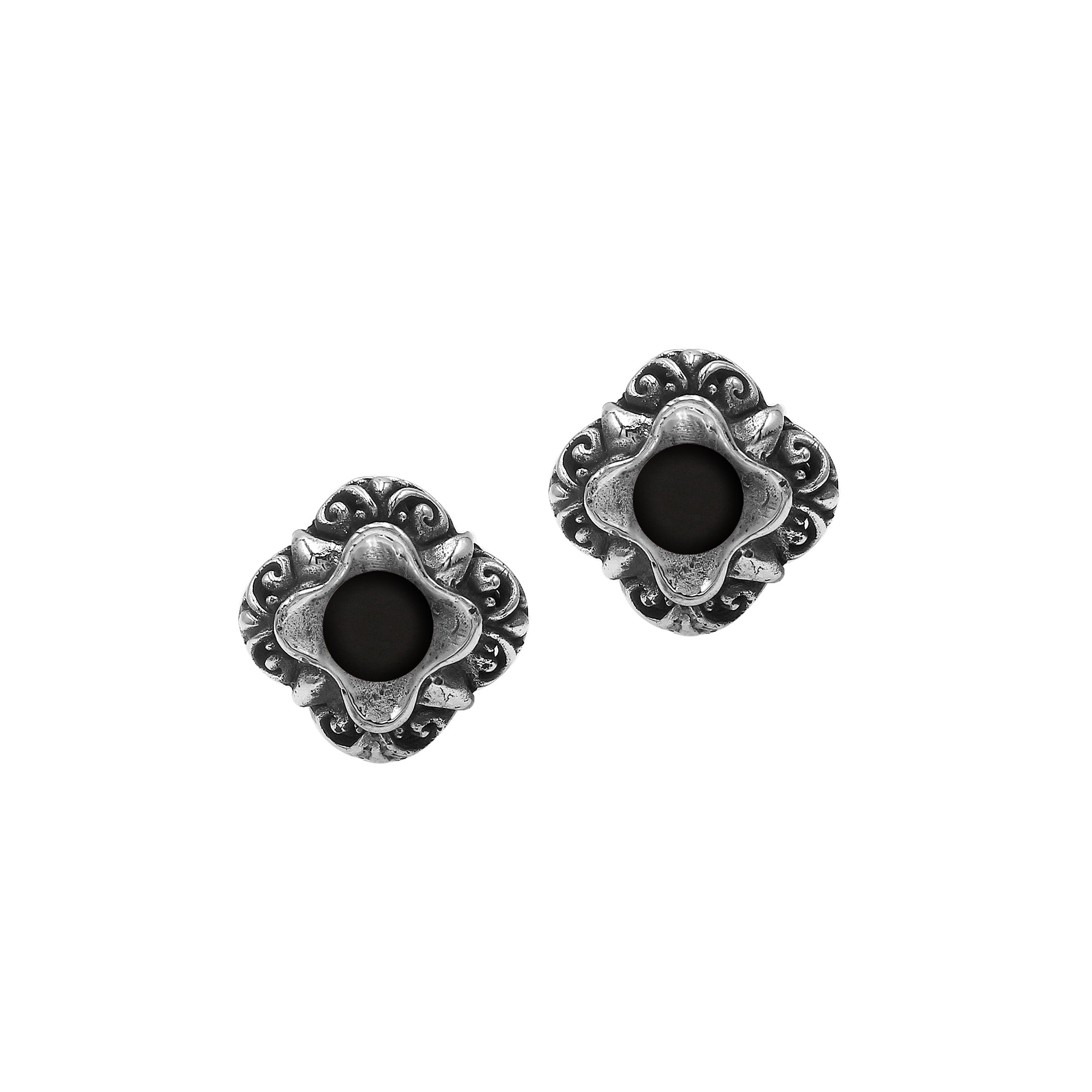 Wholesale Sterling Silver Vintage Floral Black Onyx Stud Earrings With Oxidized Bali Detailing