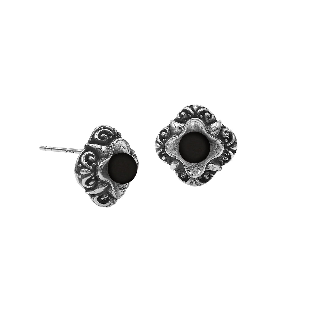AE-6311-OX Sterling Silver Flower Design Earring With Black Onyx Jewelry Bali Designs Inc 